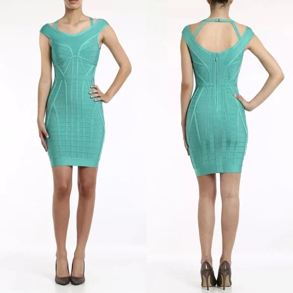Herve Leger Connie viscose-blend dress in aqua jade size S small